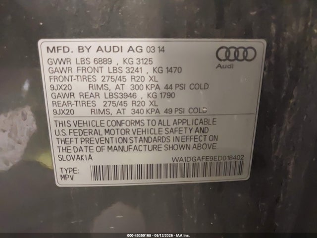 2014 Audi Q7 3.0t S Line Prestige მანქანა იყიდება აუქციონზე, vin: WA1DGAFE9ED018402, აუქციონის ნომერი: 45359165