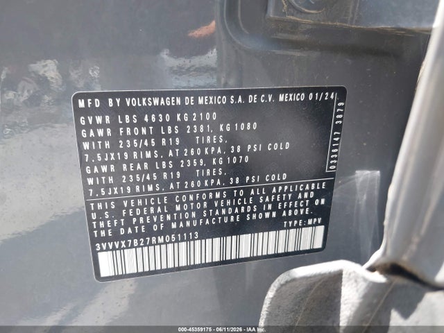 2024 Volkswagen Taos 1.5t Se მანქანა იყიდება აუქციონზე, vin: 3VVVX7B27RM051113, აუქციონის ნომერი: 45359175