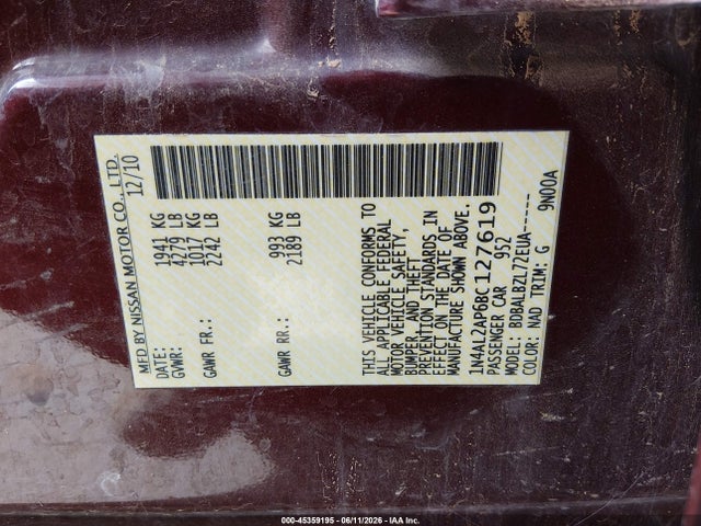 Aukcja sprzedaży 2011 Nissan Altima 2.5 S, vin: 1N4AL2AP6BC127619, numer aukcji: 45359195