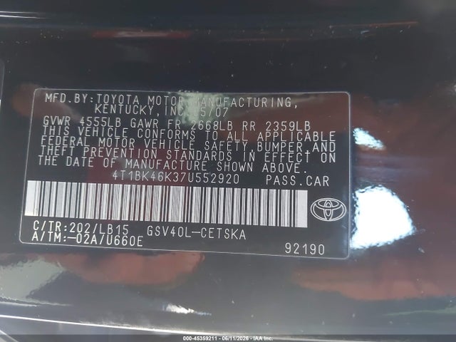 Aukcja sprzedaży 2007 Toyota Camry Se V6, vin: 4T1BK46K37U552920, numer aukcji: 45359211