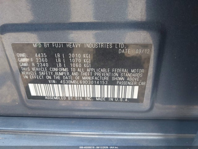 2013 Subaru Legacy 2.5i Limited მანქანა იყიდება აუქციონზე, vin: 4S3BMBL69D3014153, აუქციონის ნომერი: 45359219