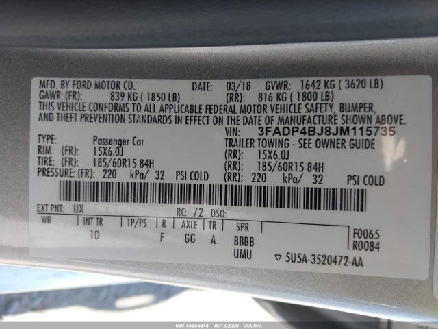 Aukcja sprzedaży 2018 Ford Fiesta Se, vin: 3FADP4BJ8JM115735, numer aukcji: 45359243