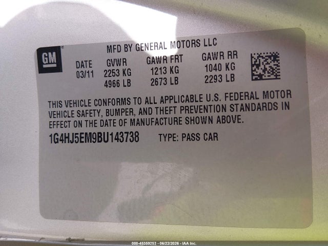 2011 Buick Lucerne Cxl Premium მანქანა იყიდება აუქციონზე, vin: 1G4HJ5EM9BU143738, აუქციონის ნომერი: 45359253