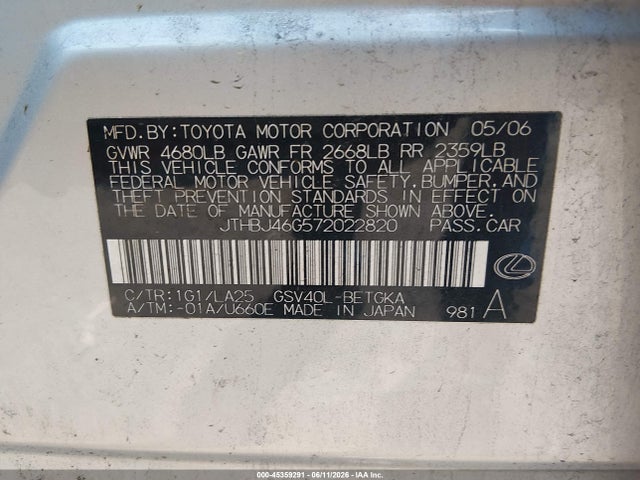 Aukcja sprzedaży 2007 Lexus Es 350, vin: JTHBJ46G572022820, numer aukcji: 45359291