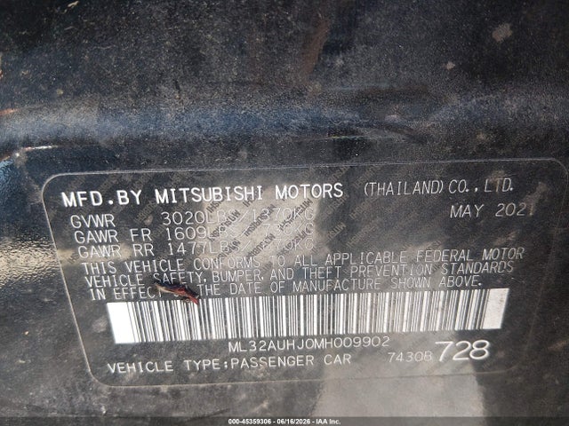 2021 Mitsubishi Mirage Carbonite Edition/es/le მანქანა იყიდება აუქციონზე, vin: ML32AUHJ0MH009902, აუქციონის ნომერი: 45359306