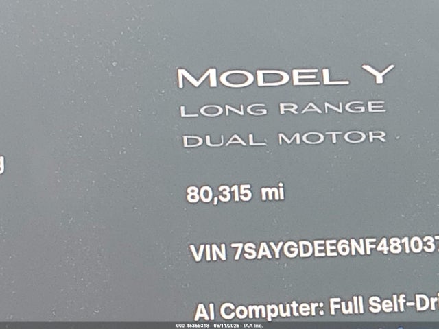 Aukcja sprzedaży 2022 Tesla Model Y Long Range Dual Motor All-wheel Drive, vin: 7SAYGDEE6NF481037, numer aukcji: 45359318