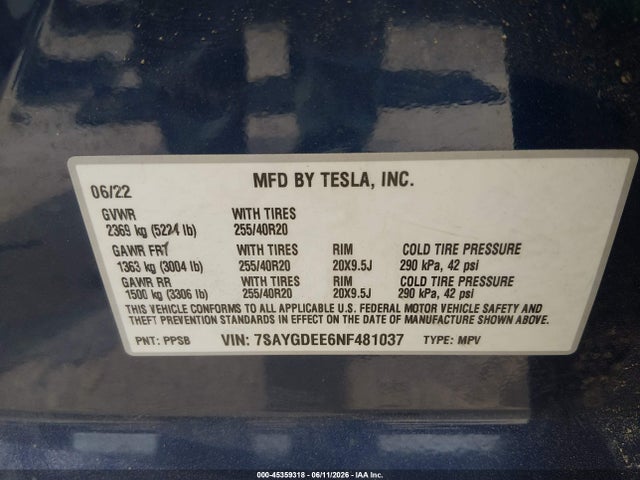 Aukcja sprzedaży 2022 Tesla Model Y Long Range Dual Motor All-wheel Drive, vin: 7SAYGDEE6NF481037, numer aukcji: 45359318