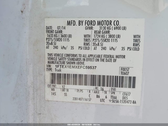45359326 :رقم المزاد ، 1FTEX1EMXEFC59537 vin ، 2014 Ford F-150 Stx مزاد بيع