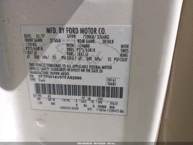 Auction sale of the 2007 Ford F-150 Fx4/lariat/xlt, vin: 1FTPW14V97FA92886, lot number: 45359338