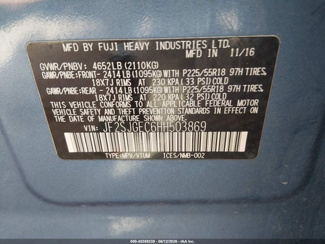 2017 Subaru Forester 2.0xt Premium მანქანა იყიდება აუქციონზე, vin: JF2SJGEC6HH503869, აუქციონის ნომერი: 45359339