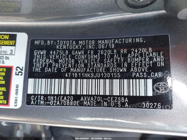 Toyota CAMRY SE 2018 4T1B11HK9JU130155 Image 9