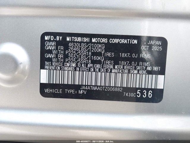 Продаж на аукціоні авто 2026 Mitsubishi Eclipse Cross Black Edition S-awc/se S-awc/sel S-awc, vin: JA4ATWAA0TZ006882, номер лоту: 45359371