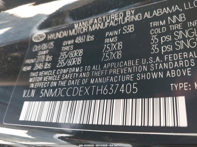 Aukcja sprzedaży 2026 Hyundai Tucson Sel Premium, vin: 5NMJCCDEXTH637405, numer aukcji: 45359380