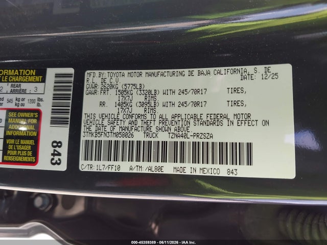 45359389 :رقم المزاد ، 3TMKB5FN3TM058026 vin ، 2026 Toyota Tacoma Sr5 مزاد بيع