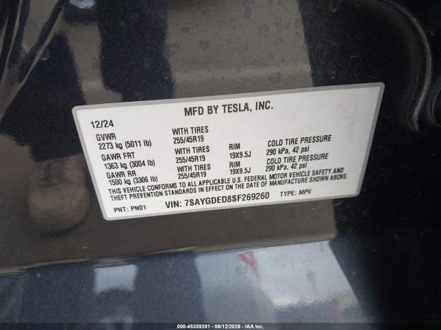 Aukcja sprzedaży 2025 Tesla Model Y Long Range Dual Motor Rear-wheel Drive, vin: 7SAYGDED8SF269260, numer aukcji: 45359391