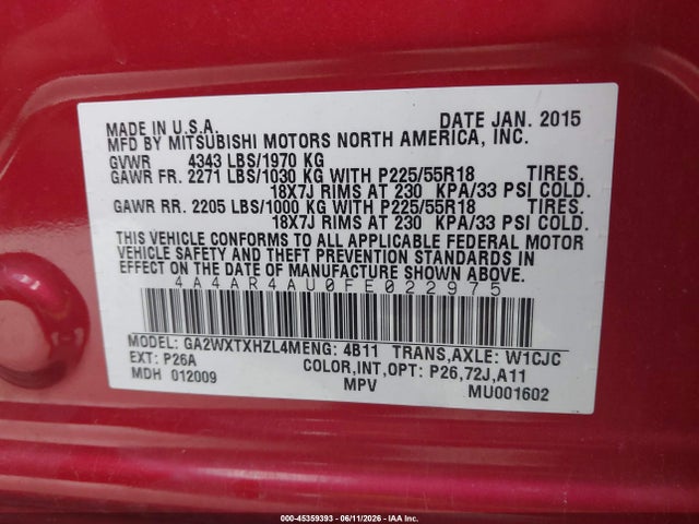 Auction sale of the 2015 Mitsubishi Outlander Sport Se, vin: 4A4AR4AU0FE022975, lot number: 45359393
