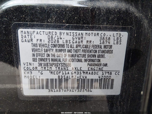 Aukcja sprzedaży 2016 Nissan Sentra Sr, vin: 3N1AB7APXGY325986, numer aukcji: 45359397