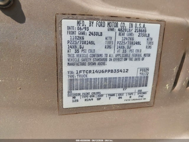 Aukcja sprzedaży 1993 Ford Ranger Super Cab, vin: 1FTCR14U6PPB35412, numer aukcji: 45359398
