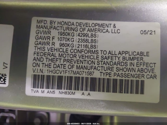 Honda ACCORD LX 2021 1HGCV1F17MA071587 Image 9