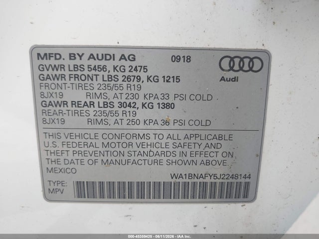 Aukcja sprzedaży 2018 Audi Q5, vin: WA1BNAFY5J2248144, numer aukcji: 45359425