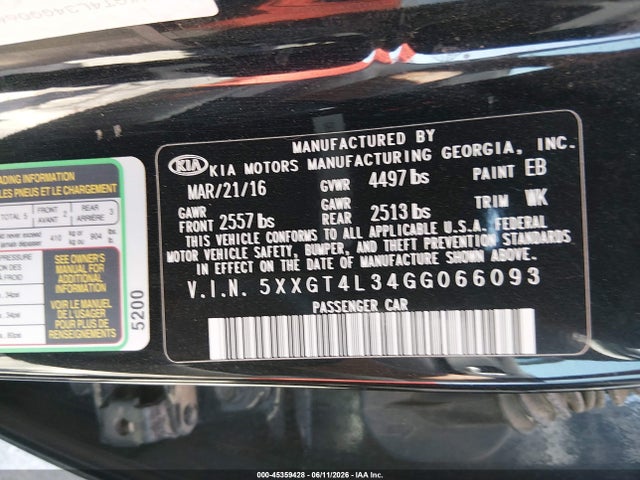 Aukcja sprzedaży 2016 Kia Optima Lx, vin: 5XXGT4L34GG066093, numer aukcji: 45359428