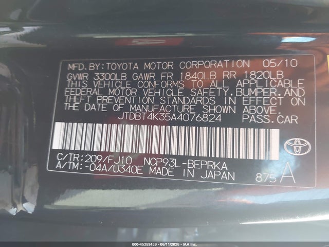 2010 Toyota Yaris მანქანა იყიდება აუქციონზე, vin: JTDBT4K35A4076824, აუქციონის ნომერი: 45359439