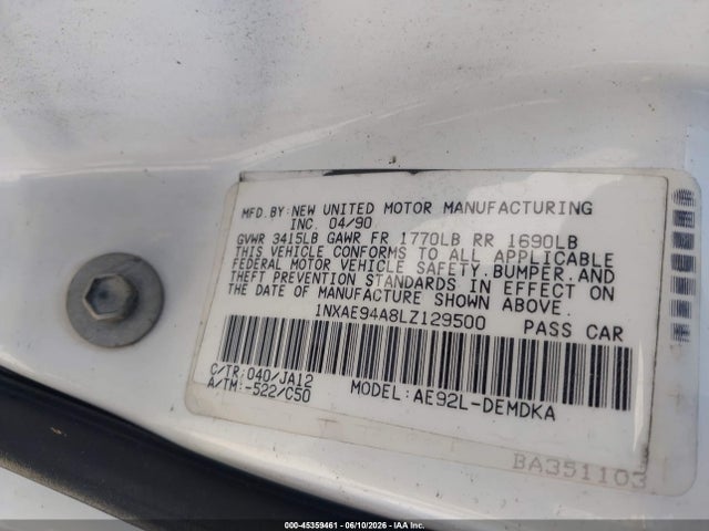 Aukcja sprzedaży 1990 Toyota Corolla Dlx, vin: 1NXAE94A8LZ129500, numer aukcji: 45359461