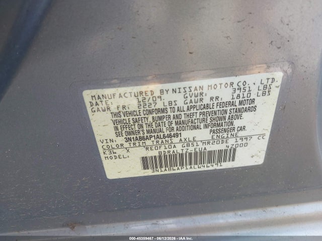 2010 Nissan Sentra 2.0s მანქანა იყიდება აუქციონზე, vin: 3N1AB6AP1AL646491, აუქციონის ნომერი: 45359467