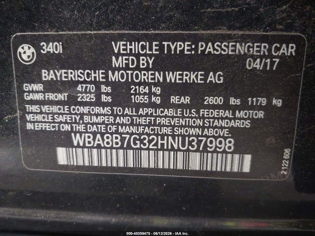 Продажа на аукционе авто 2017 Bmw 340i Xdrive, vin: WBA8B7G32HNU37998, номер лота: 45359475