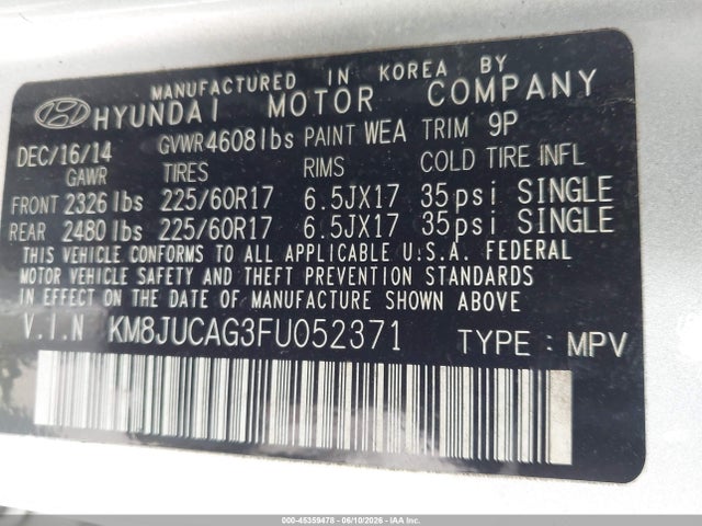 Aukcja sprzedaży 2015 Hyundai Tucson Se, vin: KM8JUCAG3FU052371, numer aukcji: 45359478