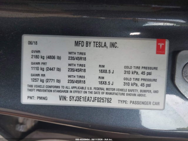 Продажа на аукционе авто 2018 Tesla Model 3 Long Range/mid Range, vin: 5YJ3E1EA7JF025762, номер лота: 45359484