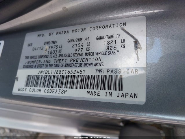 Aukcja sprzedaży 2012 Mazda Mazda3 I Touring, vin: JM1BL1V88C1652481, numer aukcji: 45359485