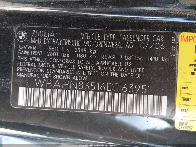 Продаж на аукціоні авто 2006 Bmw 750li, vin: WBAHN83516DT63951, номер лоту: 45359495