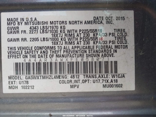 45359508 :رقم المزاد ، 4A4AR3AWXFE058071 vin ، 2015 Mitsubishi Outlander Sport Es مزاد بيع