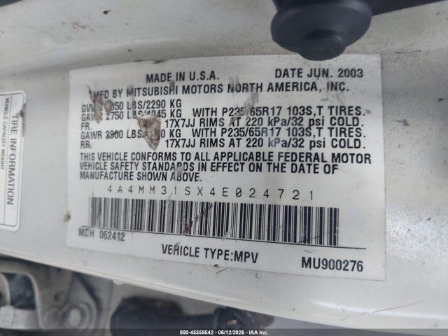 2004 Mitsubishi Endeavor Xls მანქანა იყიდება აუქციონზე, vin: 4A4MM31SX4E024721, აუქციონის ნომერი: 45359542