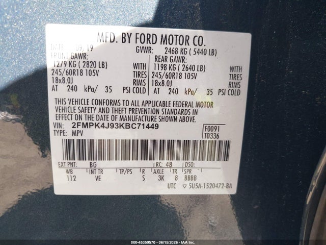 Продажа на аукционе авто 2019 Ford Edge Sel, vin: 2FMPK4J93KBC71449, номер лота: 45359570