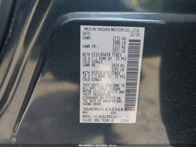 Auction sale of the 2015 Nissan Pathfinder S, vin: 5N1AR2MN2FC634568, lot number: 45359574