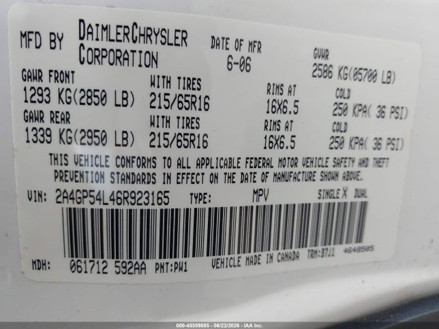 2006 Chrysler Town & Country Touring მანქანა იყიდება აუქციონზე, vin: 2A4GP54L46R923165, აუქციონის ნომერი: 45359585