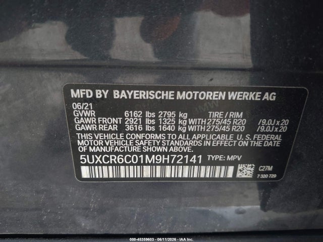 Aukcja sprzedaży 2021 Bmw X5 Xdrive40i, vin: 5UXCR6C01M9H72141, numer aukcji: 45359603