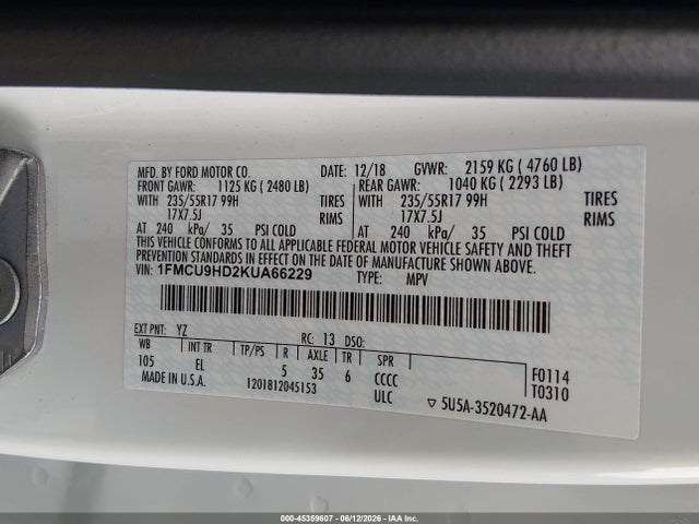 1FMCU9HD2KUA66229 Ford ESCAPE SEL