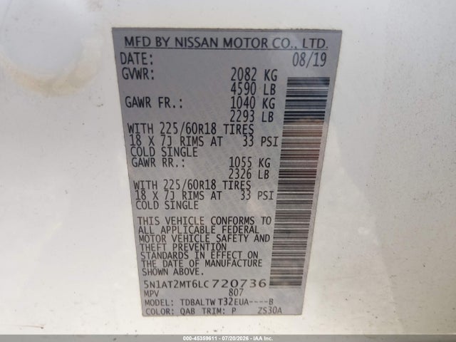 45359611 :رقم المزاد ، 5N1AT2MT6LC720736 vin ، 2020 Nissan Rogue Sv Fwd مزاد بيع