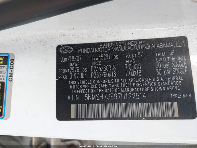 Продажа на аукционе авто 2007 Hyundai Santa Fe Limited/se, vin: 5NMSH73E97H122514, номер лота: 45359620