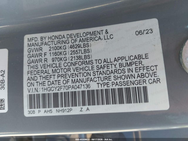 1HGCY2F70PA047136 Honda Accord Hybrid Sport-l