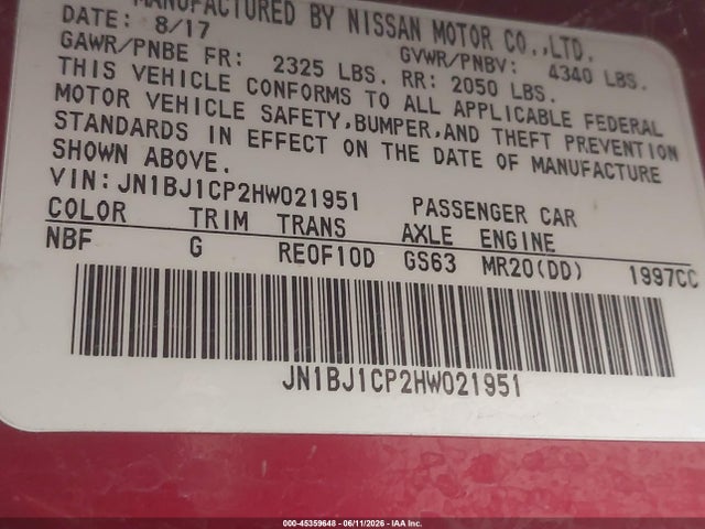 Aukcja sprzedaży 2017 Nissan Rogue Sport Sv, vin: JN1BJ1CP2HW021951, numer aukcji: 45359648