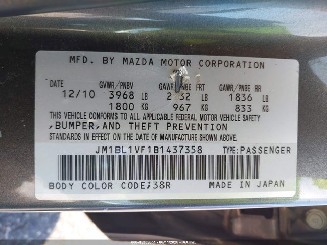 45359651 :رقم المزاد ، JM1BL1VF1B1437358 vin ، 2011 Mazda Mazda3 I Touring مزاد بيع