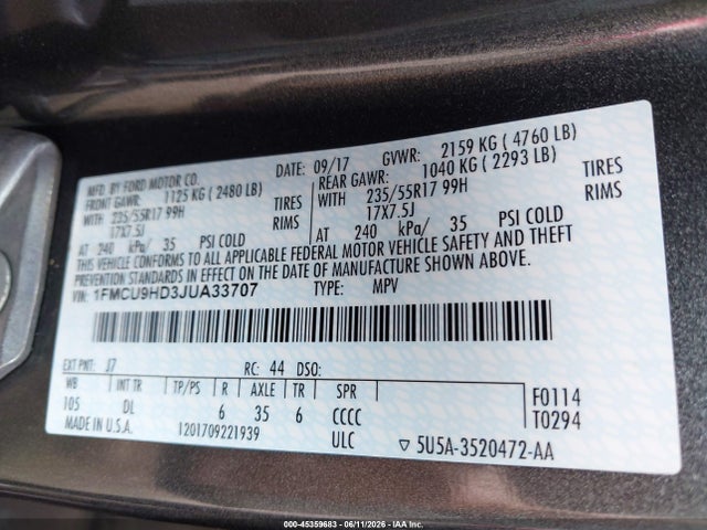 Продажа на аукционе авто 2018 Ford Escape Sel, vin: 1FMCU9HD3JUA33707, номер лота: 45359683