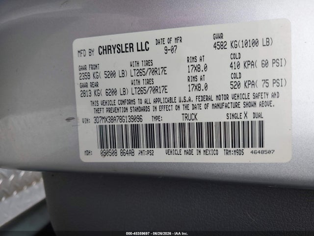 Aukcja sprzedaży 2008 Dodge Ram 3500 Slt, vin: 3D7MX38A78G139096, numer aukcji: 45359697