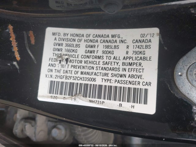 Продаж на аукціоні авто 2012 Honda Civic Lx, vin: 2HGFB2F52CH335006, номер лоту: 45359733