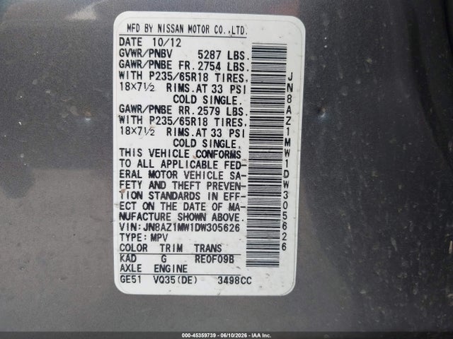 Aukcja sprzedaży 2013 Nissan Murano Sl, vin: JN8AZ1MW1DW305626, numer aukcji: 45359739