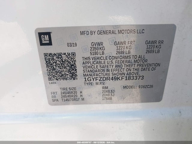 Aukcja sprzedaży 2019 Cadillac Xt4 Premium Luxury, vin: 1GYFZDR49KF183373, numer aukcji: 45359757
